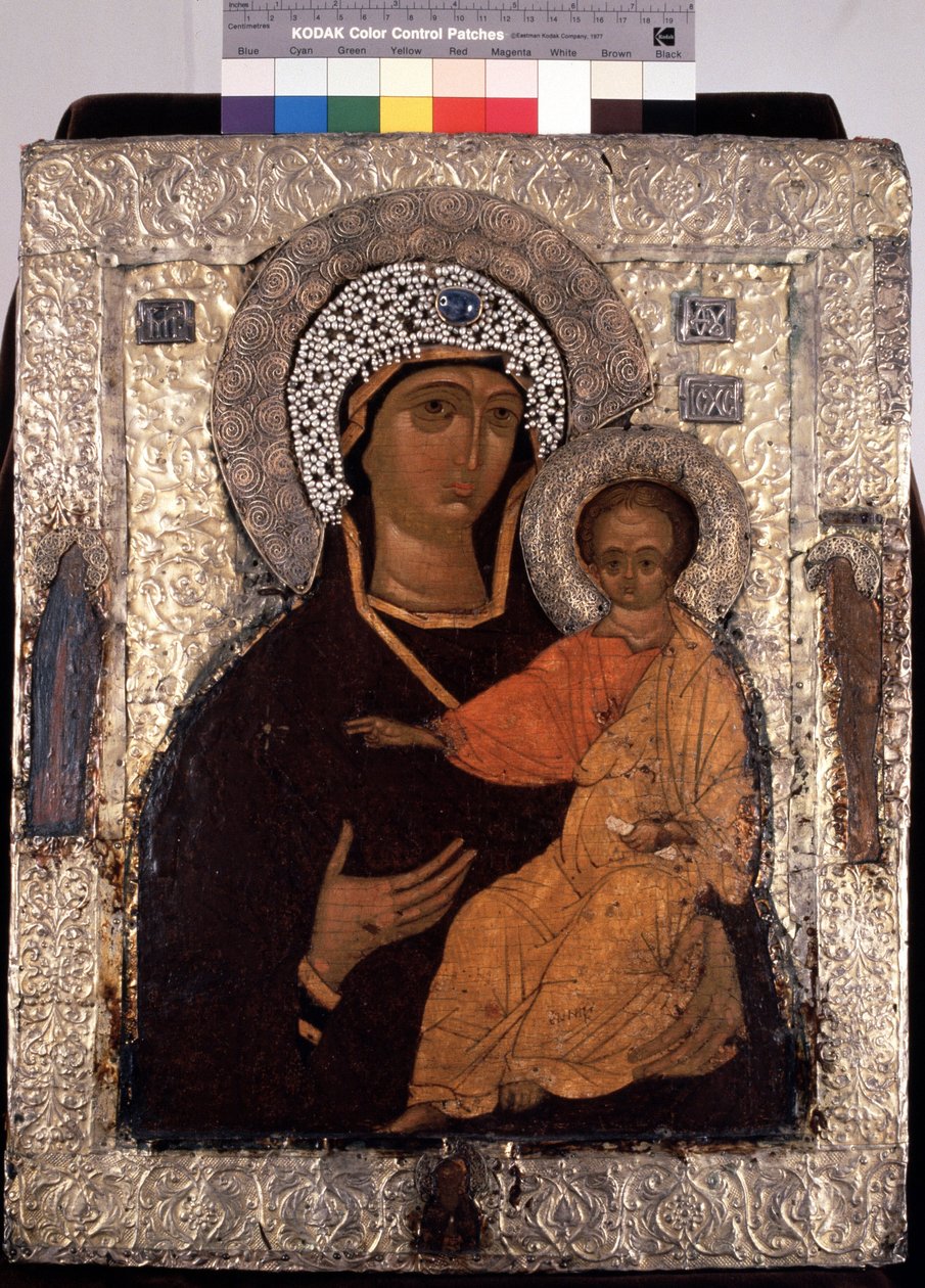 "Vierge Hodegetria (Hodigitria) " Icone russe。14 世纪的木板画。谢尔盖耶夫-波萨德圣谢尔盖三一修道院国家露天博物馆 作者 学校俄语