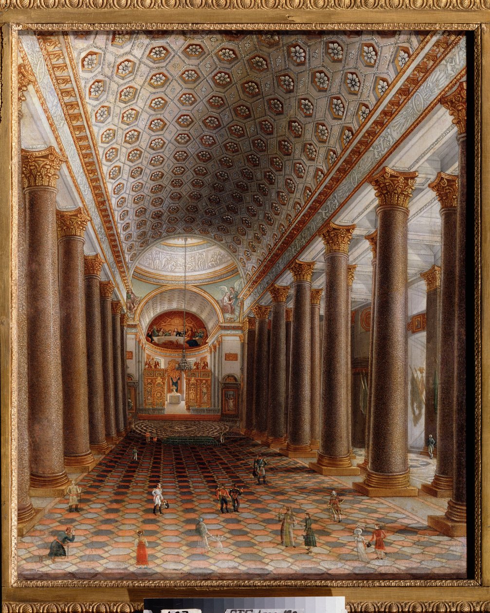 圣彼得堡喀山大教堂内景。俄罗斯绘画大师的作品，布面油画，19 世纪早期。俄罗斯艺术。莫斯科国立特列季亚科夫美术馆。 作者 学校俄语