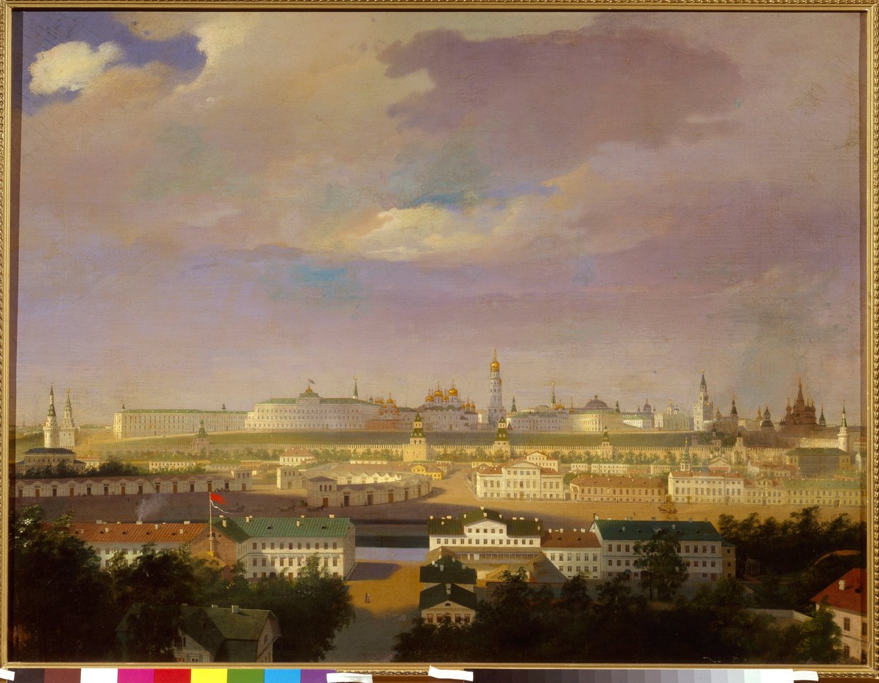 从火星广场（Bolotnaya）远眺莫斯科克里姆林宫。佚名画作，布面油画，19 世纪中叶。俄罗斯艺术，新古典主义。莫斯科国家历史博物馆。 作者 学校俄语
