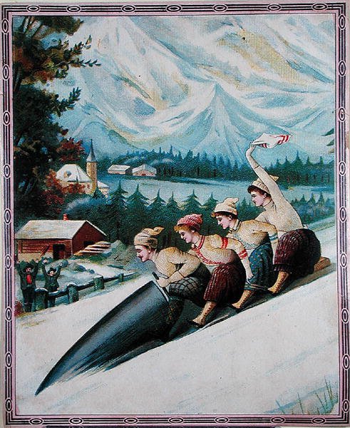 旅游者乘坐雪橇，20世纪初（彩色平版印刷）。 作者 瑞士学校