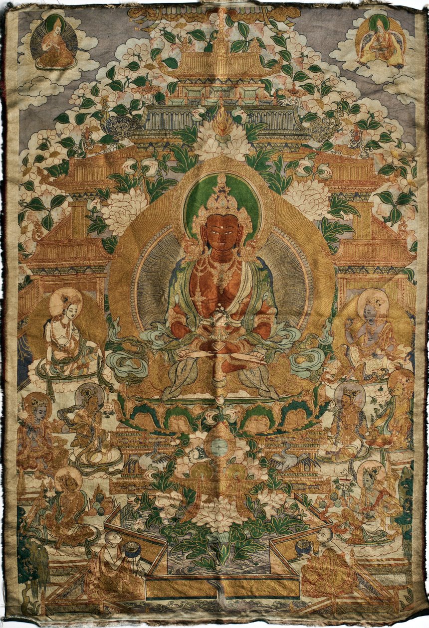 Amitabha (bouddha de la terre pure) - Peinture tibetaine, pigments et or sur tissu, fin du 19eme siecle, 74x51 cm - (Amitayus Buddha Thangka, Tibetan culture, Pigments and gold on textile, End of 19e cen) - 私人收藏 作者 藏族学校