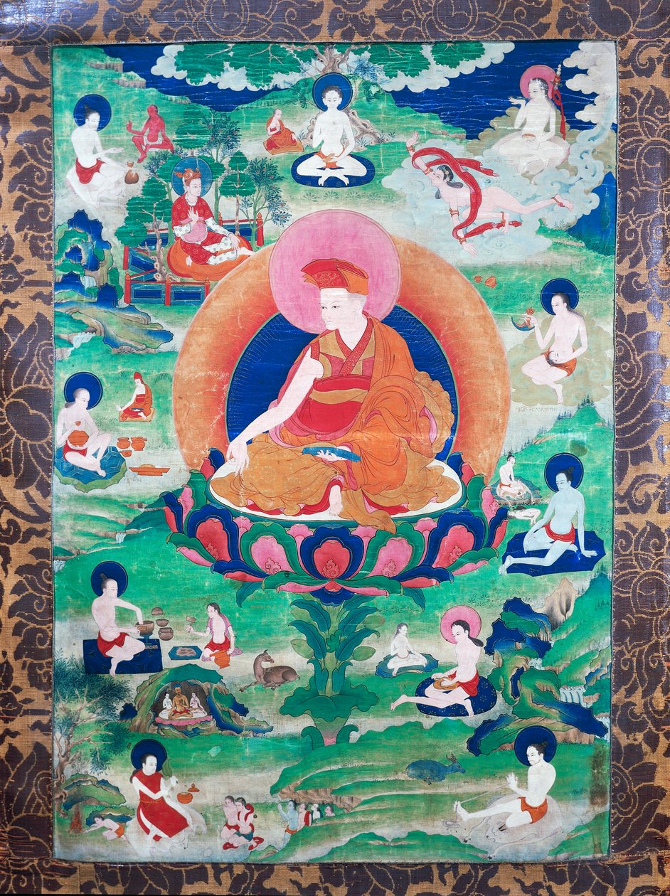 喇嘛Rje- grags Rtod Iha-pa- p- dbang Graps，带着光环，周围有许多大乘禅师（瑜伽士），生活在印度和西藏（7-11世纪），帆布水粉画 作者 藏族学校