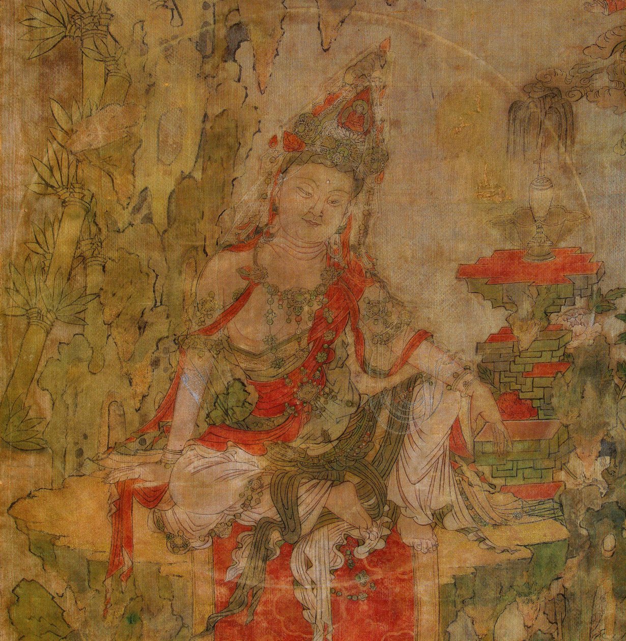 藏文化：水月观音（观音）。 丝绸上的蛋彩画，尺寸：101,5x59,5，12 世纪初，圣彼得堡国立冬宫 作者 藏族学校