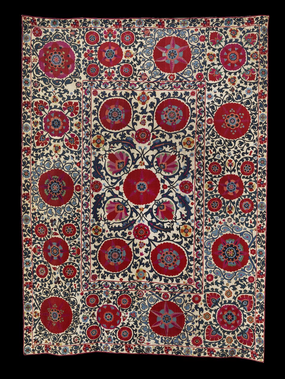 Shakhrisyabz Suzani，c。 1800（棉底上的丝绸刺绣） 作者 乌兹别克学校
