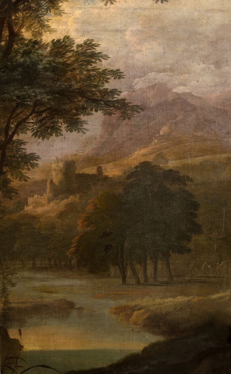 远处有城堡的风景，1725年。 作者 雅克卢梭学校