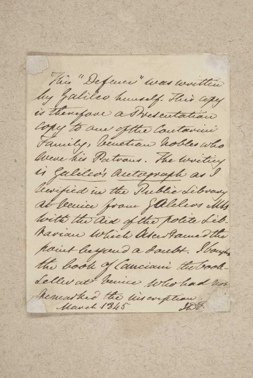 注释粘贴在Difesa的前板上，由Galileo，1845年（笔和纸上的墨水） 作者 苏格兰学派
