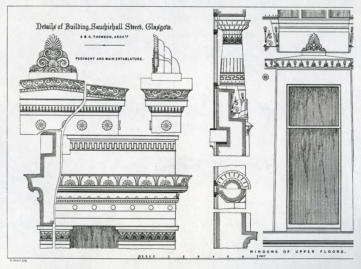 Gristian Chambers的建筑细节，位于格拉斯哥的Sauchiehall街336-356号，由Alexander Greek Thomson设计，1869年 作者 苏格兰学派