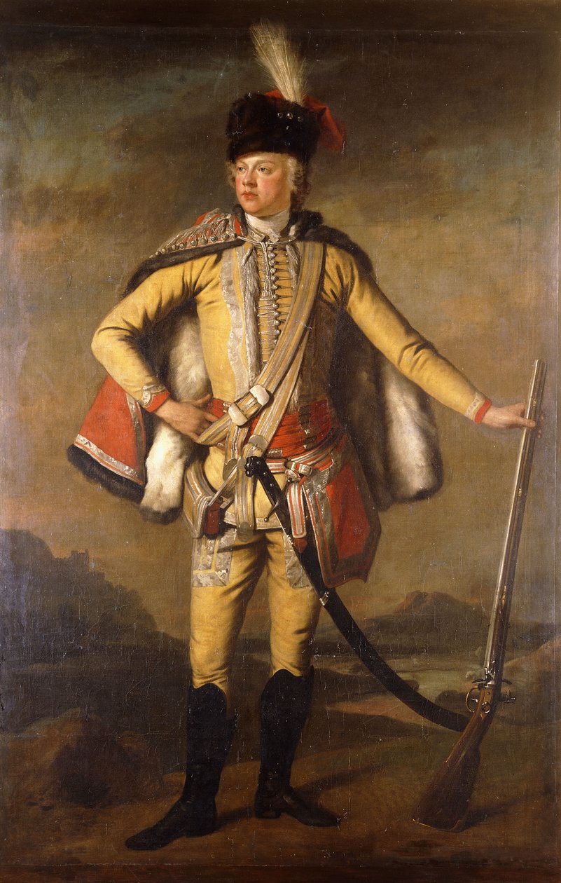 约翰·林赛（John Lindsay），克劳福德和林赛（Lindsay）伯爵的第20张肖像，全长，轻骑兵制服，手握发枪步枪，超越风景，约于1745年 作者 苏格兰学派