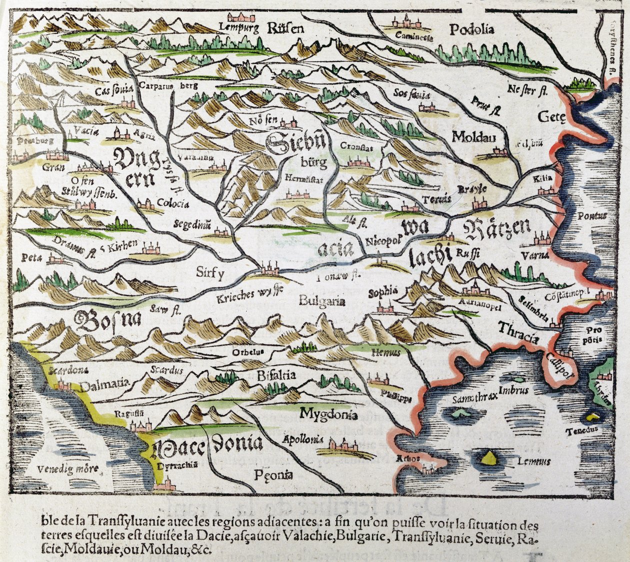 中欧地图，来自&39;Cosmographia Universalis&39;，于1555年出版（彩色木刻） 作者 塞巴斯蒂安·芒斯特（Sebastian Munster）