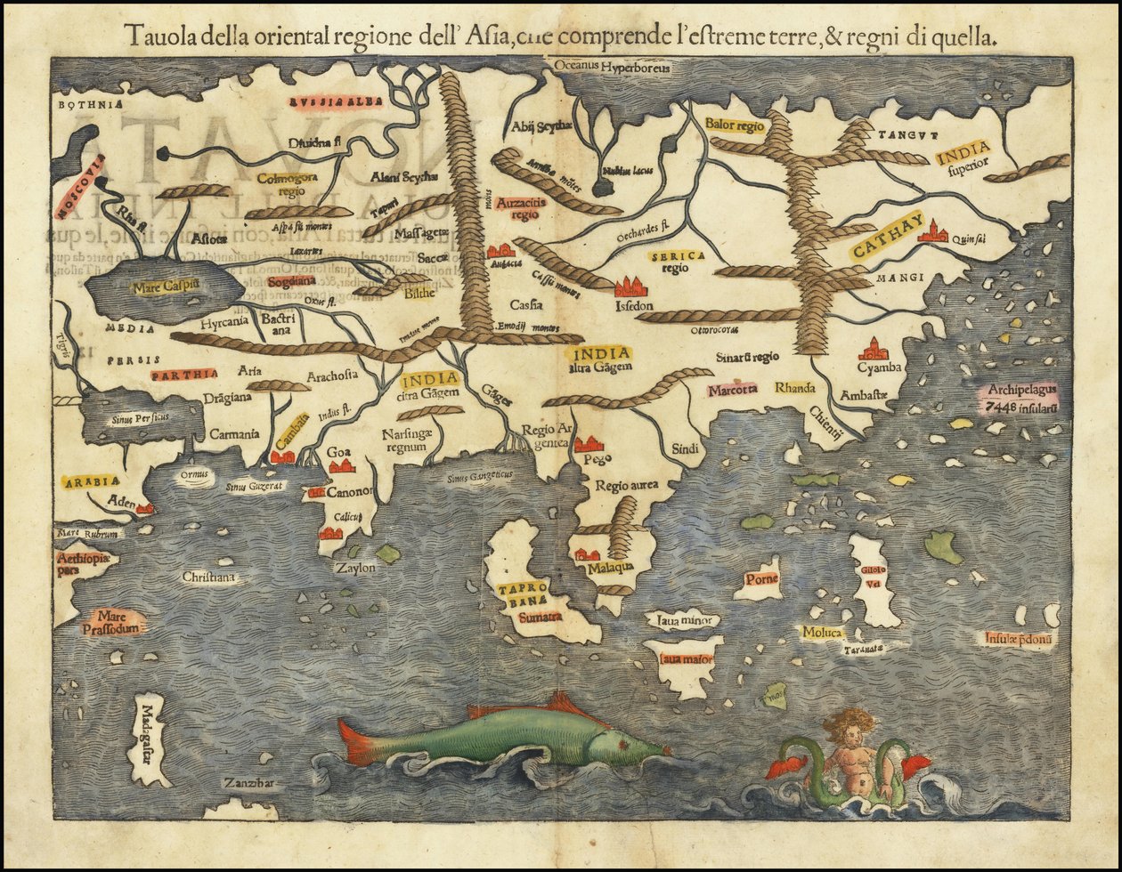 塞巴斯蒂安-明斯特绘制的 1550 年亚洲地图 作者 塞巴斯蒂安·芒斯特（Sebastian Munster）