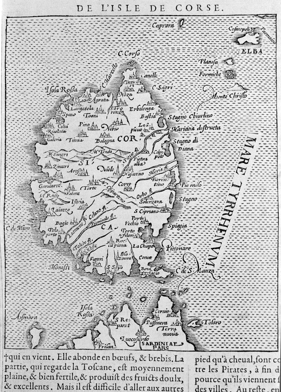 科西嘉岛，根据Sebastian Munster的 "Cosmographia Universalis "绘制。巴塞尔1558年 作者 塞巴斯蒂安·芒斯特（Sebastian Munster）