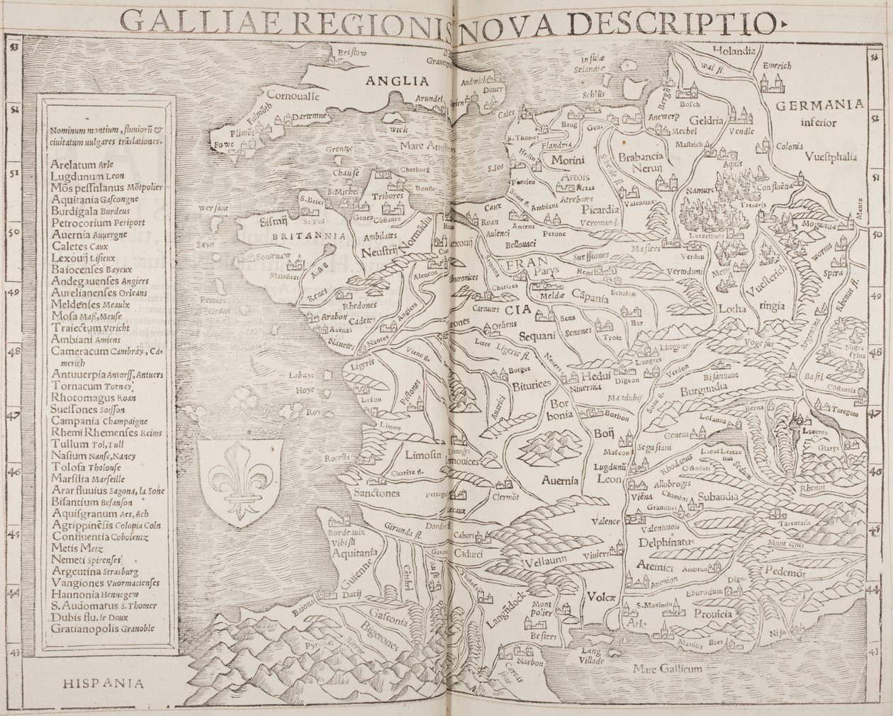 Cosmographia，Galliae 的细节 作者 塞巴斯蒂安·芒斯特（Sebastian Munster）