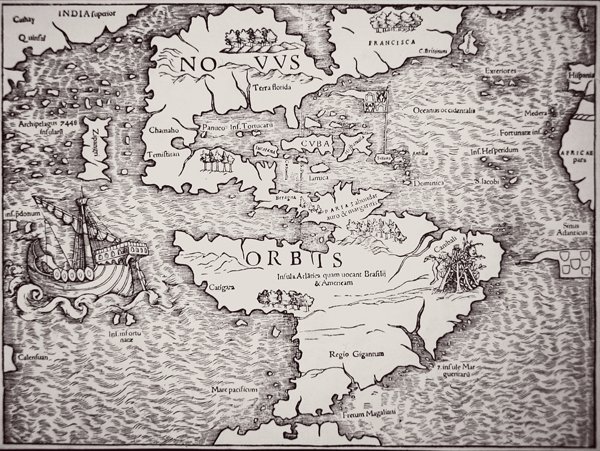 显示大西洋和太平洋的美洲地图 作者 塞巴斯蒂安·芒斯特（Sebastian Munster）