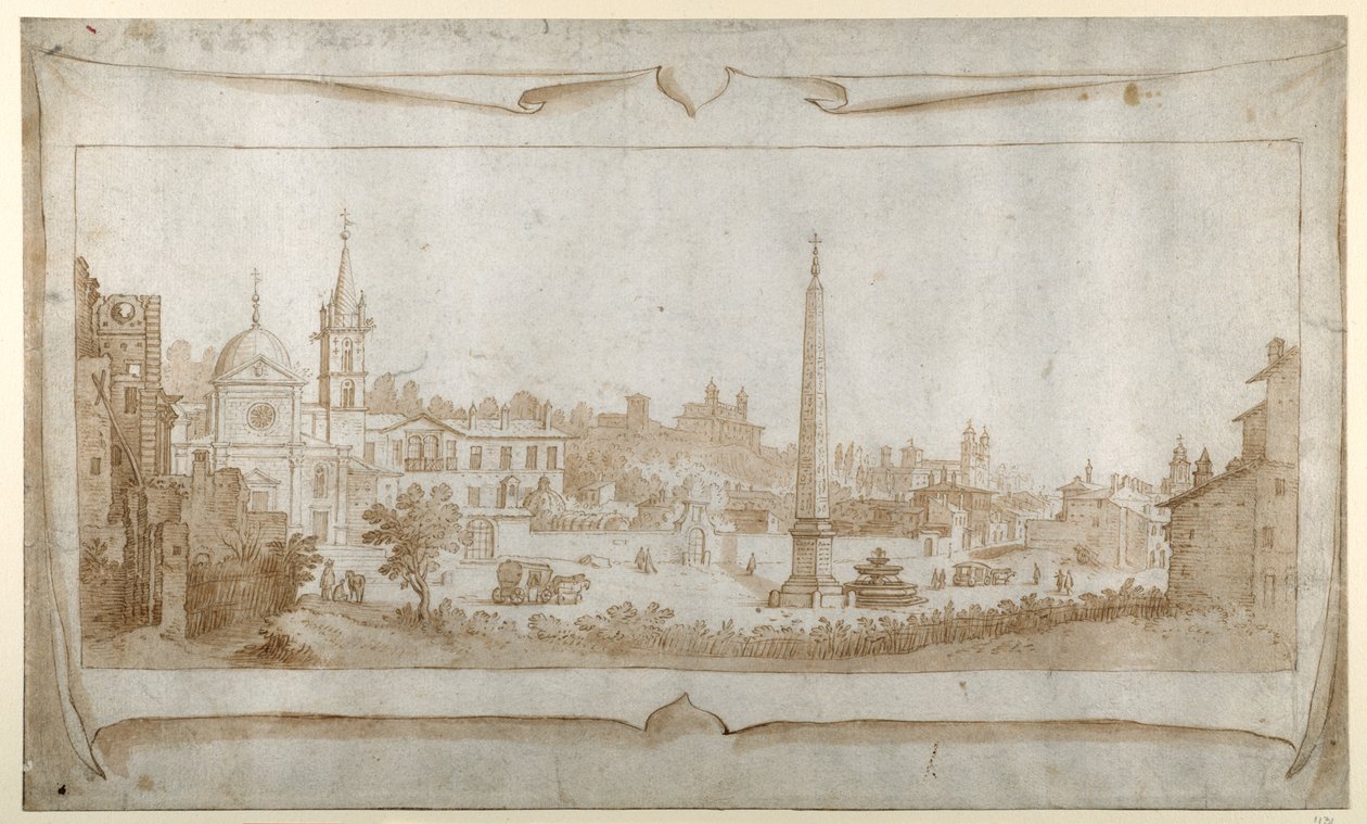 设计一个卷首画，可以看到 Porta del Popolo 内的罗马景色和 Pincio 的景色（纸上水洗的钢笔和墨水） 作者 塞巴斯蒂安·弗朗克斯（Sebastian Vrancx）