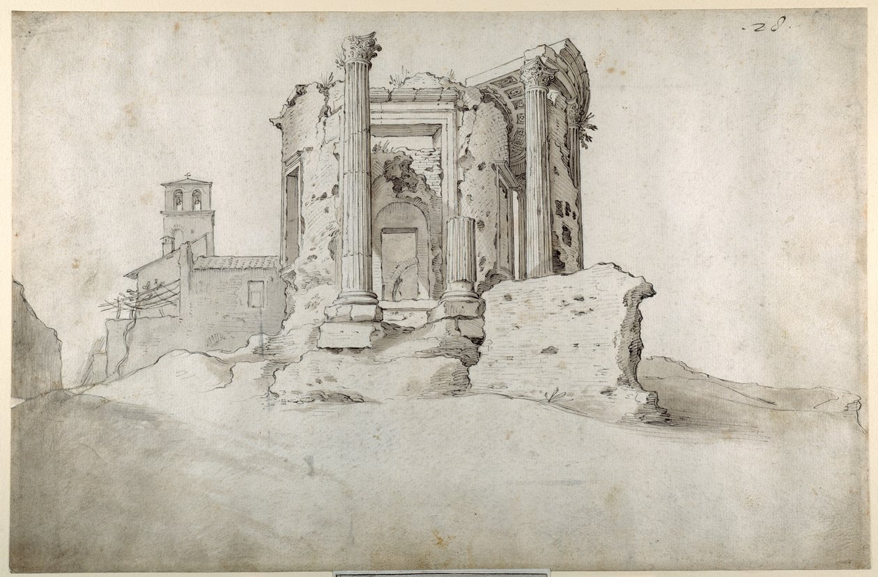 Tivoli 的 Tiburtine Sibyl 神庙遗址（钢笔和棕色墨水，白纸上灰棕色水洗） 作者 塞巴斯蒂安·弗朗克斯（Sebastian Vrancx）