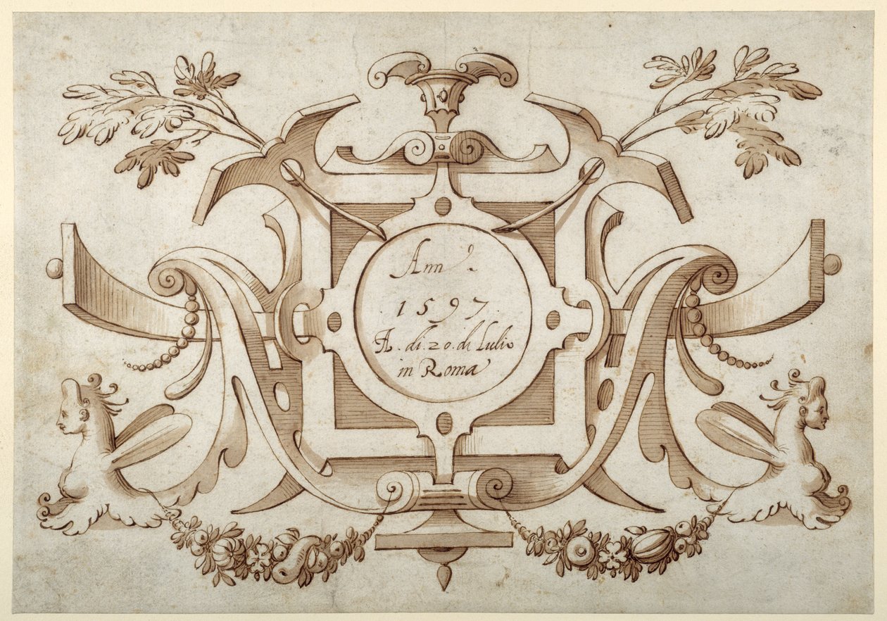 Strapwork cartouche associated with the set of his Roman Views (pen & brown ink with brown wash on paper) 作者 塞巴斯蒂安·弗朗克斯（Sebastian Vrancx）