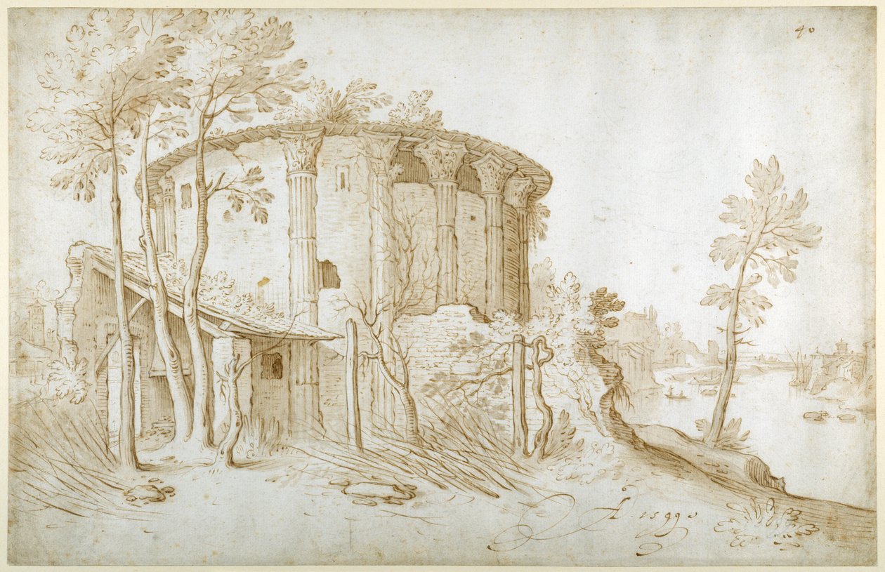 论坛 Boarium 中的灶神殿，从北面看，台伯河在右边，c.1650（纸上水墨笔墨） 作者 塞巴斯蒂安·弗朗克斯（Sebastian Vrancx）