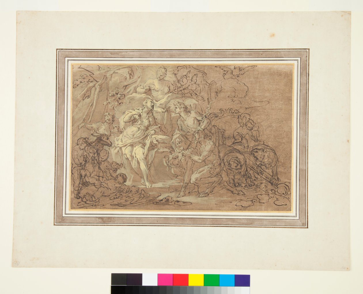 Bacchus 和 Ariadne c.1715（钢笔和墨水在棕色地面上的黑色粉笔上） 作者 塞巴斯蒂安·孔卡