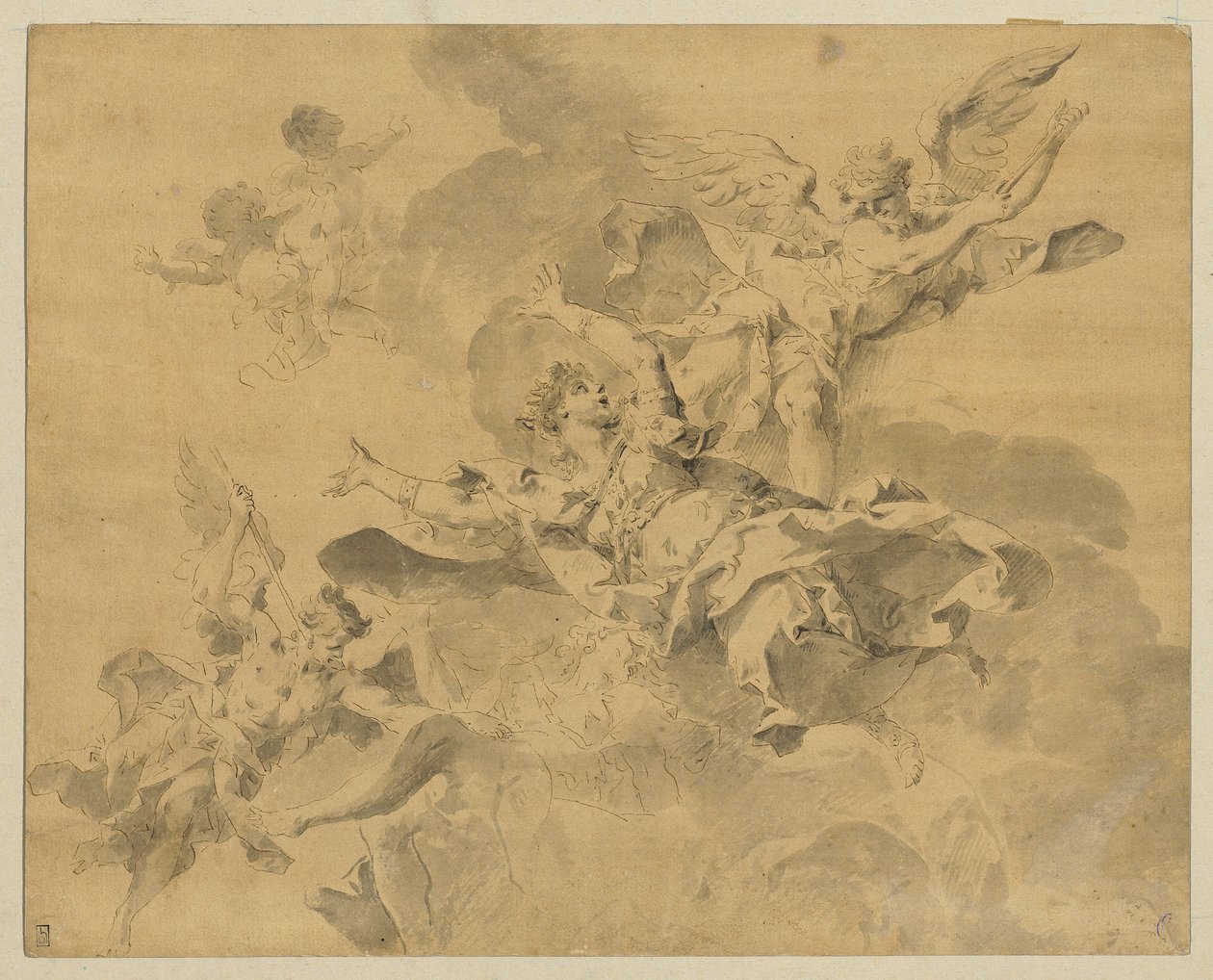 被复仇天使送入地狱的女王，约 1676-1746 年（纸上钢笔、墨水和水彩画） 作者 塞巴斯蒂亚诺·加莱奥蒂（Sebastiano Galeotti）