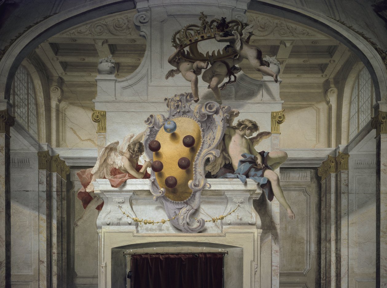 美第奇纹章。 塞巴斯蒂亚诺·里奇（Sebastiano Ricci，1659-1734 年）的壁画，约 1707-1708 年。 佛罗伦萨，皮蒂宫 作者 塞巴斯蒂亚诺·里奇（Sebastiano Ricci）