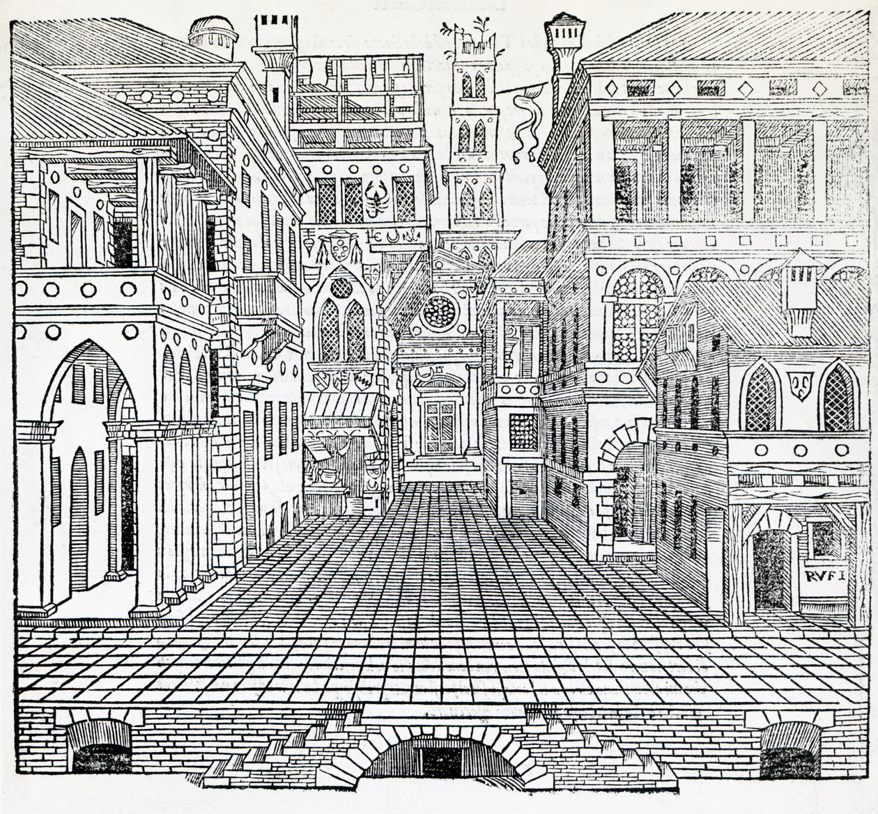 魔术场景，塞巴斯蒂亚诺·塞利奥 (Sebastiano Serlio，1475-1554) 的戏剧场景设计，来自《建筑论文》第二册的插图 作者 塞巴斯蒂安诺·塞里奥（Sebastiano Serlio）