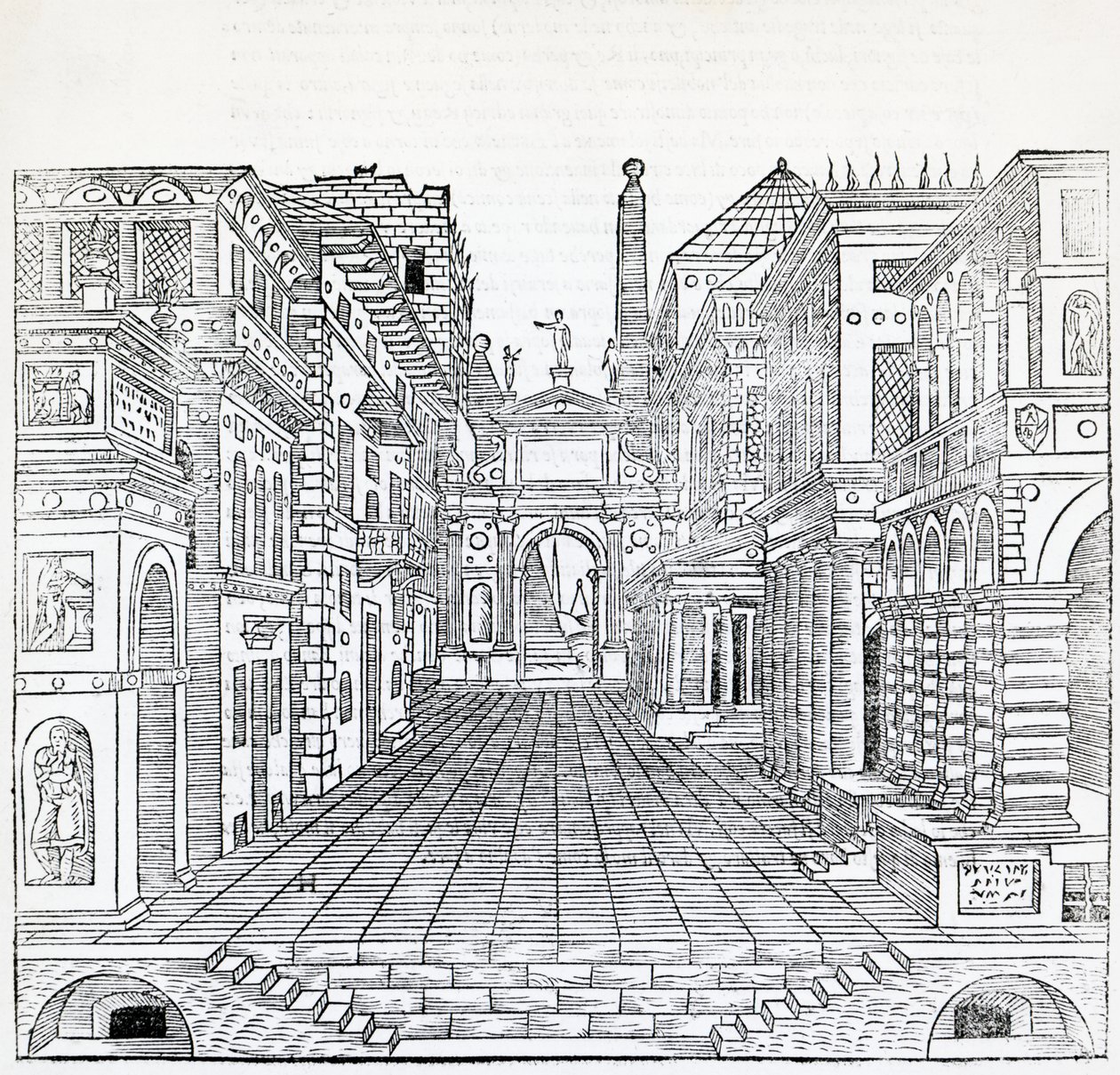 魔术场景，塞巴斯蒂亚诺·塞利奥 (Sebastiano Serlio，1475-1554) 的戏剧场景设计，来自《建筑论文》第二册的插图 作者 塞巴斯蒂安诺·塞里奥（Sebastiano Serlio）