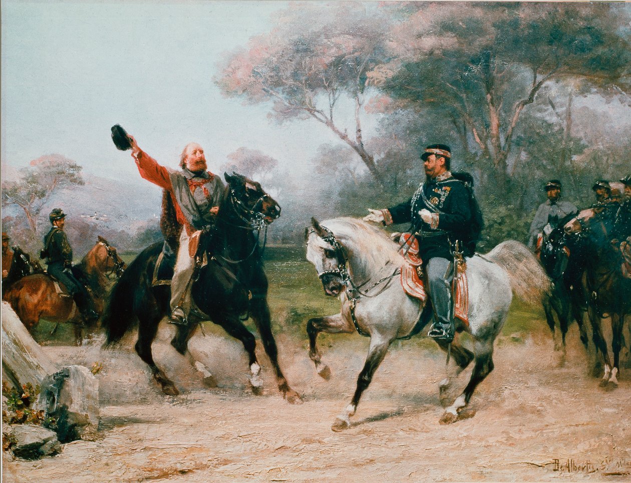 Giuseppe Garibaldi (1807-1882) 会见 Vittorio Emanuele II (Victor Emmanuel) (Victor-Emmanuel) 从 Savoy 到 Teano the 26/10/1860 Sebastiano De Albertis (1828-1897) 19 世纪米兰，Museo del Risorgimento 作者 塞巴斯蒂安诺·德·阿尔贝蒂斯