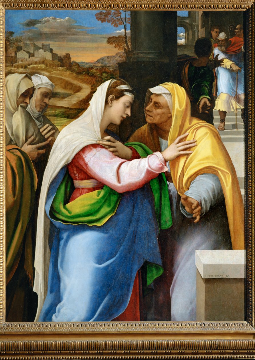 La visitation - 探访，圣母玛利亚探访圣伊丽莎白... 作者 塞巴斯蒂亚诺·德尔（c.1485-1547）皮翁博
