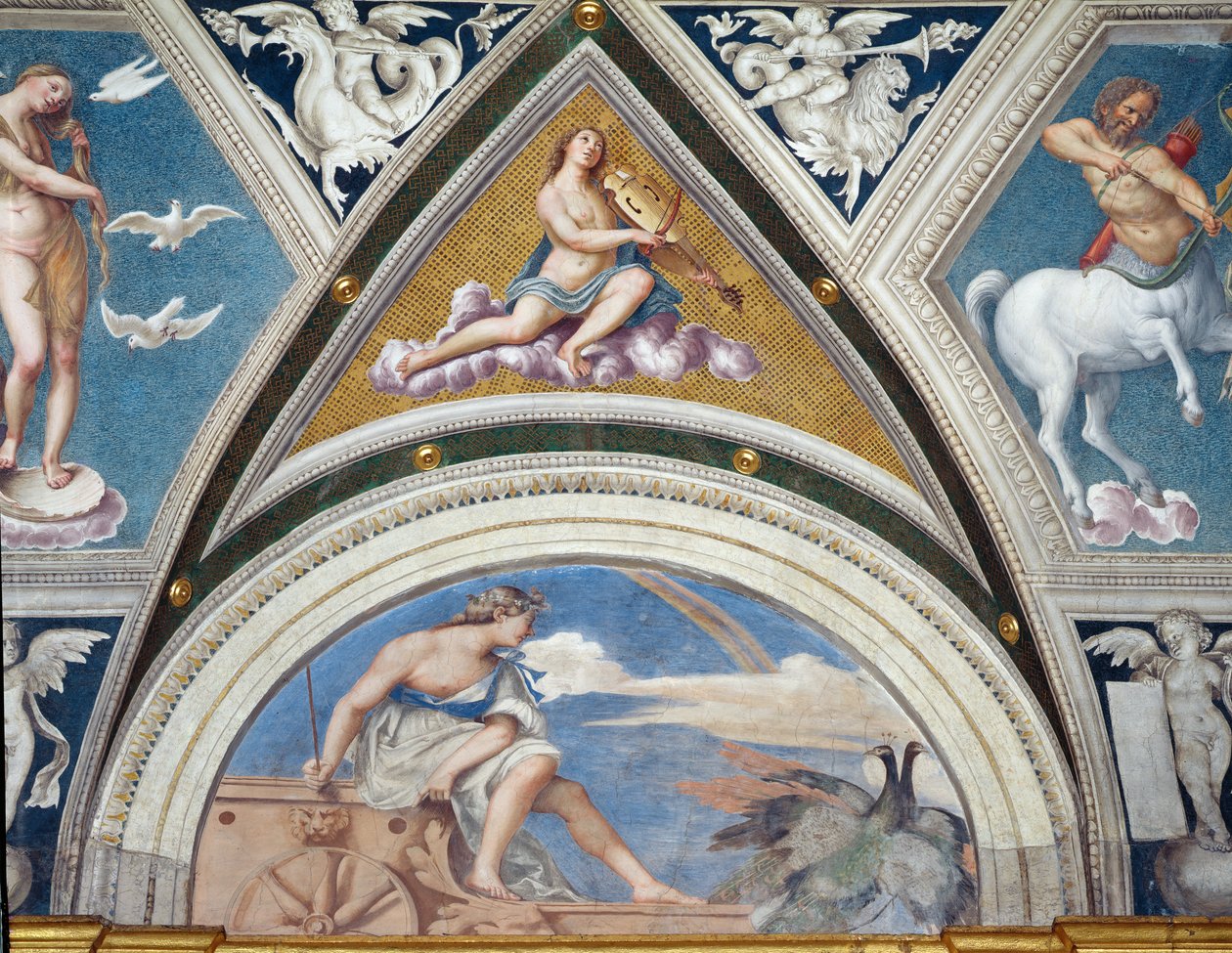 Galatea的Loggia della Galatea凉廊详细的拱顶装饰描绘了她的战车和小提琴家的朱诺，1506壁画 作者 塞巴斯蒂亚诺·德尔·皮翁博