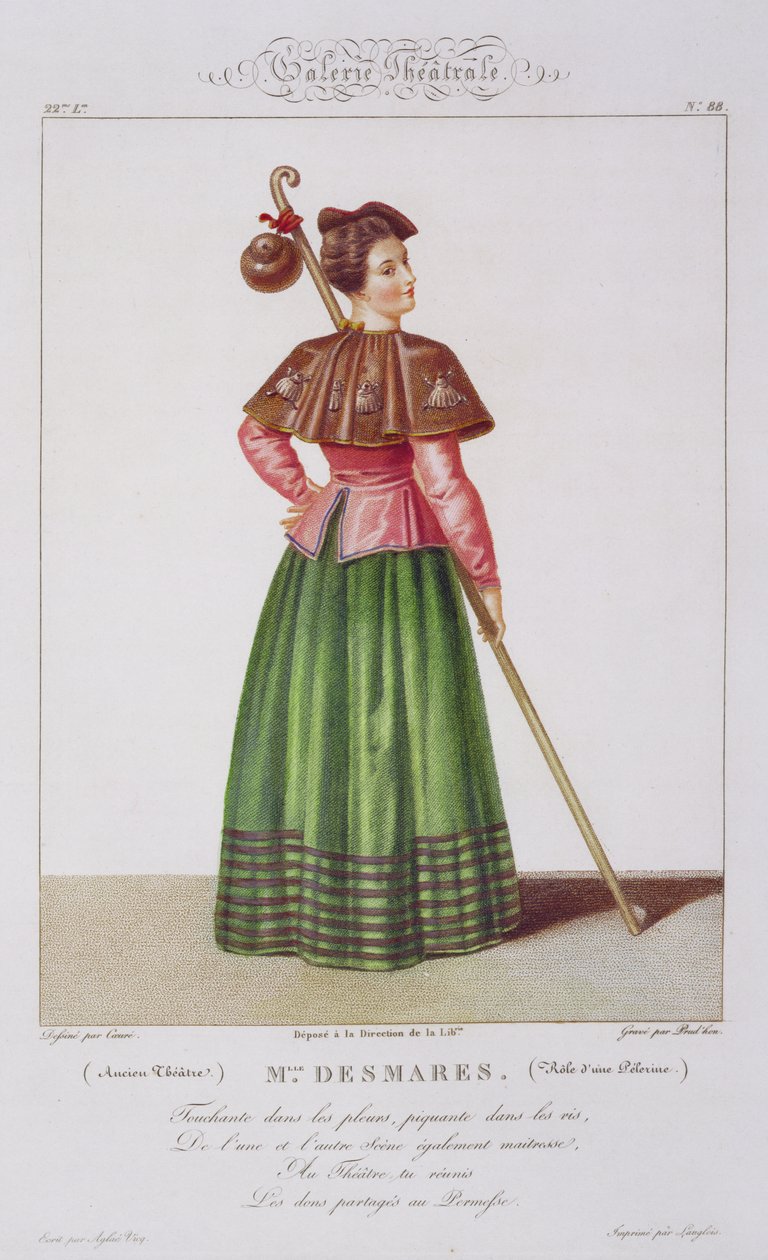 Mademoiselle Desmares扮演一个朝圣者的角色，来自剧院画廊的88号板，由Jean Prudhon（b.1778）酒吧雕刻。 1812年至1834年 作者 塞巴斯蒂安（Cebure）之后