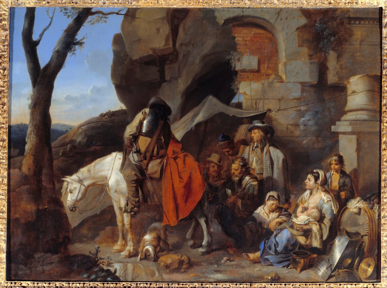 士兵站，原名Halte de bohemiens 画家：Sebastien Bourdon (1616-1671) 17世纪 太阳。0,43x0,58米 作者 塞巴斯蒂安·波登（Sebastien Bourdon）