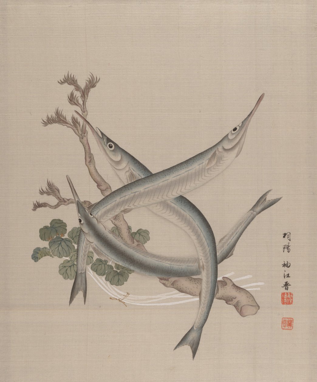 三条鱼和一根树枝，约1890-92年。 作者 关修子