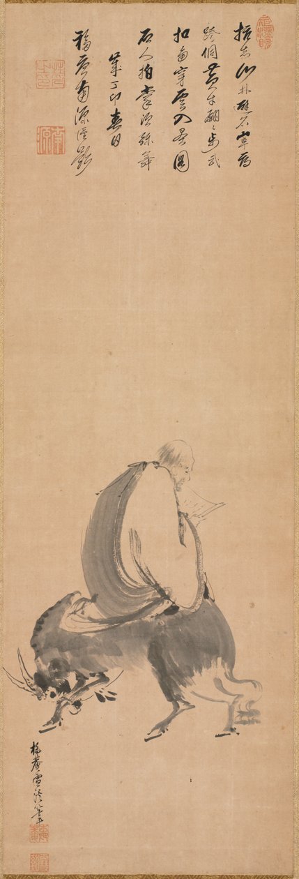 男子倒骑在水牛身上，1687年。 作者 山口雪景