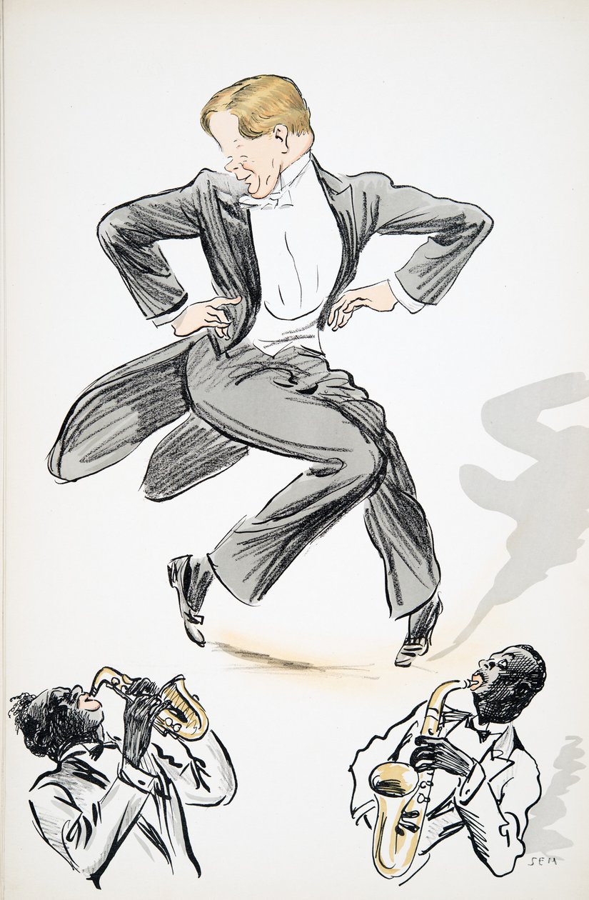 绅士的尾巴和白色领带向两位演奏萨克斯管的音乐家跳舞，来自White Bottoms，pub。 1927年（色块打印） 作者 塞姆