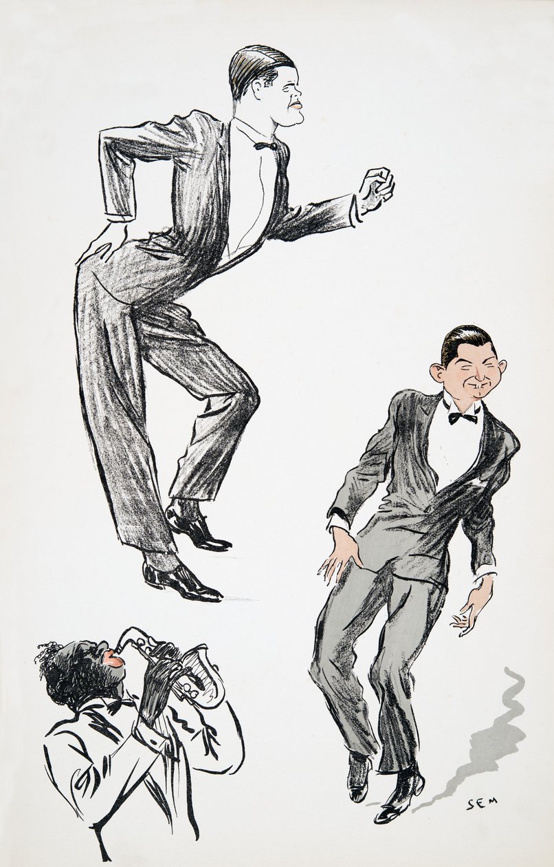 两名穿着黑色领带的男子在萨克斯管上与一位音乐家跳舞，来自White Bottoms，pub。 1927年（色块打印） 作者 塞姆