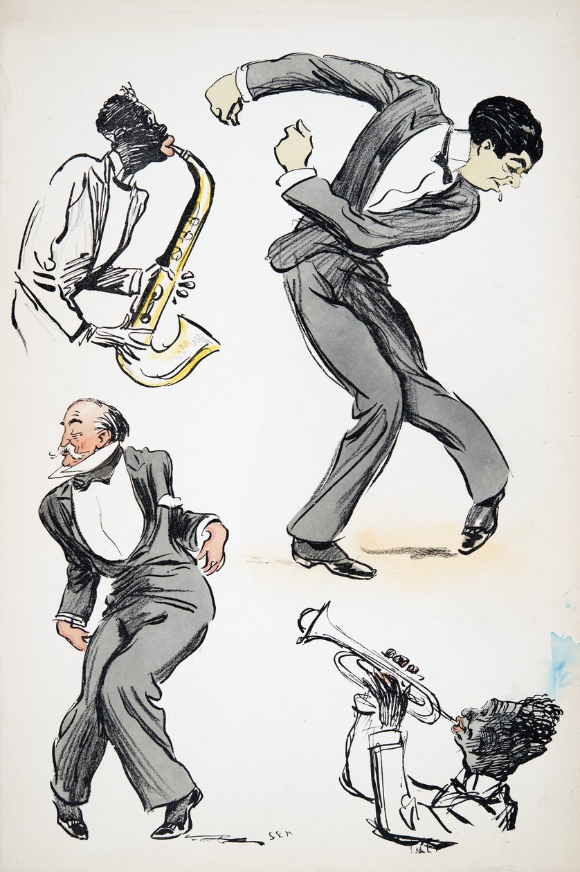 两名男子穿着西装跳舞，两名音乐家演奏萨克斯管和小号，来自White Bottoms，pub。 1927年（色块打印） 作者 塞姆