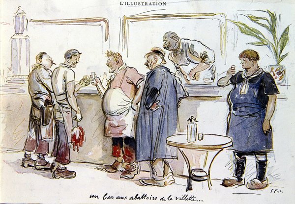 维莱特屠宰场的一个酒吧，约1925-30年（彩色平版印刷）。 作者 塞姆