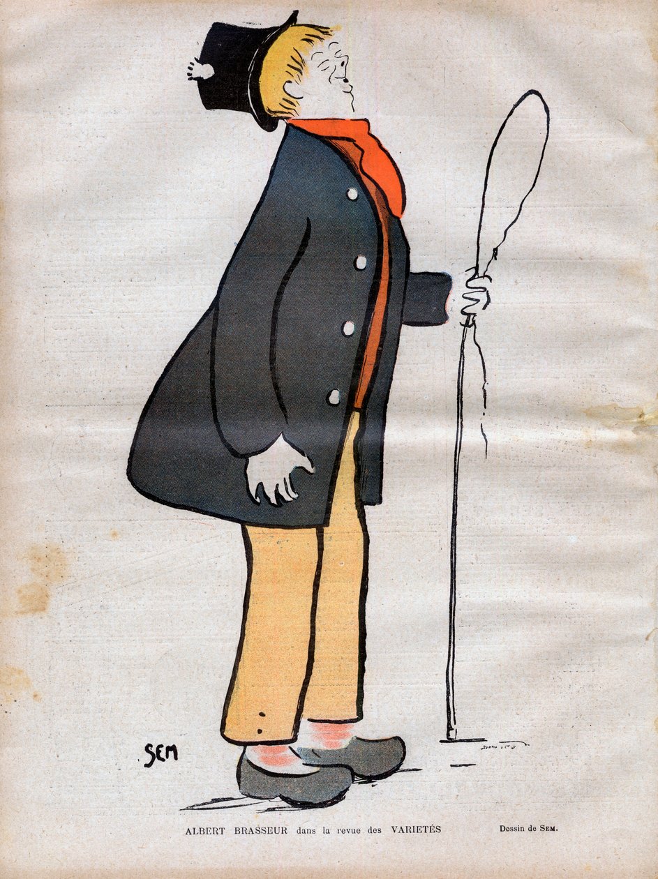 阿尔伯特-朱尔-杜蒙（1862-1932），又名阿尔伯特-布拉瑟，林荫大道剧院的演员，《Varietes》杂志上的歌舞表演者--SEM（乔治-古尔萨）（1863-1934）在《1902年的暴风雨》中的漫画。 作者 塞姆