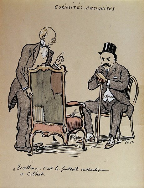 富有的艺术收藏家正在检查据称是科尔伯特拥有的椅子。约1919年（彩色平版印刷） 作者 塞姆