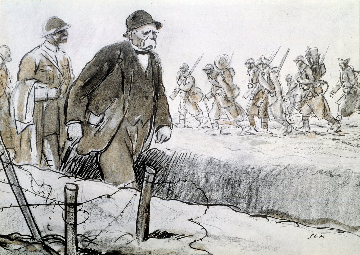 第一次世界大战：克列孟梭（1841-1929 年）的肖像在参观前线的外壳中。 Georges Goursat dit Sem (1863-1934) 的绘画 作者 塞姆