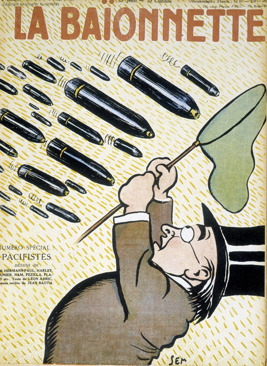 试图用蝴蝶网捕捉炮弹的人--由塞姆（1863-1934）创作，发表于1916年8月3日的《刺刀：和平主义者》。 作者 塞姆