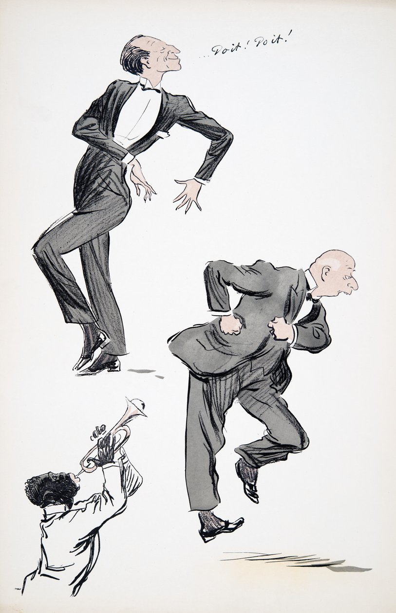 两名男子穿着西装跳舞而一名音乐家演奏小号，来自White Bottoms，酒吧。 1927年（色块打印） 作者 塞姆