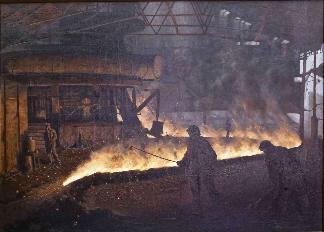列宁格勒巴甫洛夫谢苗·安德烈耶维奇（Semyon Andreevich，1893-1941 年）“红钉制造商”工厂的热轧车间。 布面油画，尺寸：85x122 作者 谢苗安德烈耶维奇巴甫洛夫