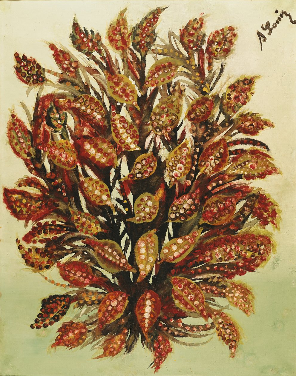 在绿色背景的石榴，1930年 作者 塞拉芬·路易斯