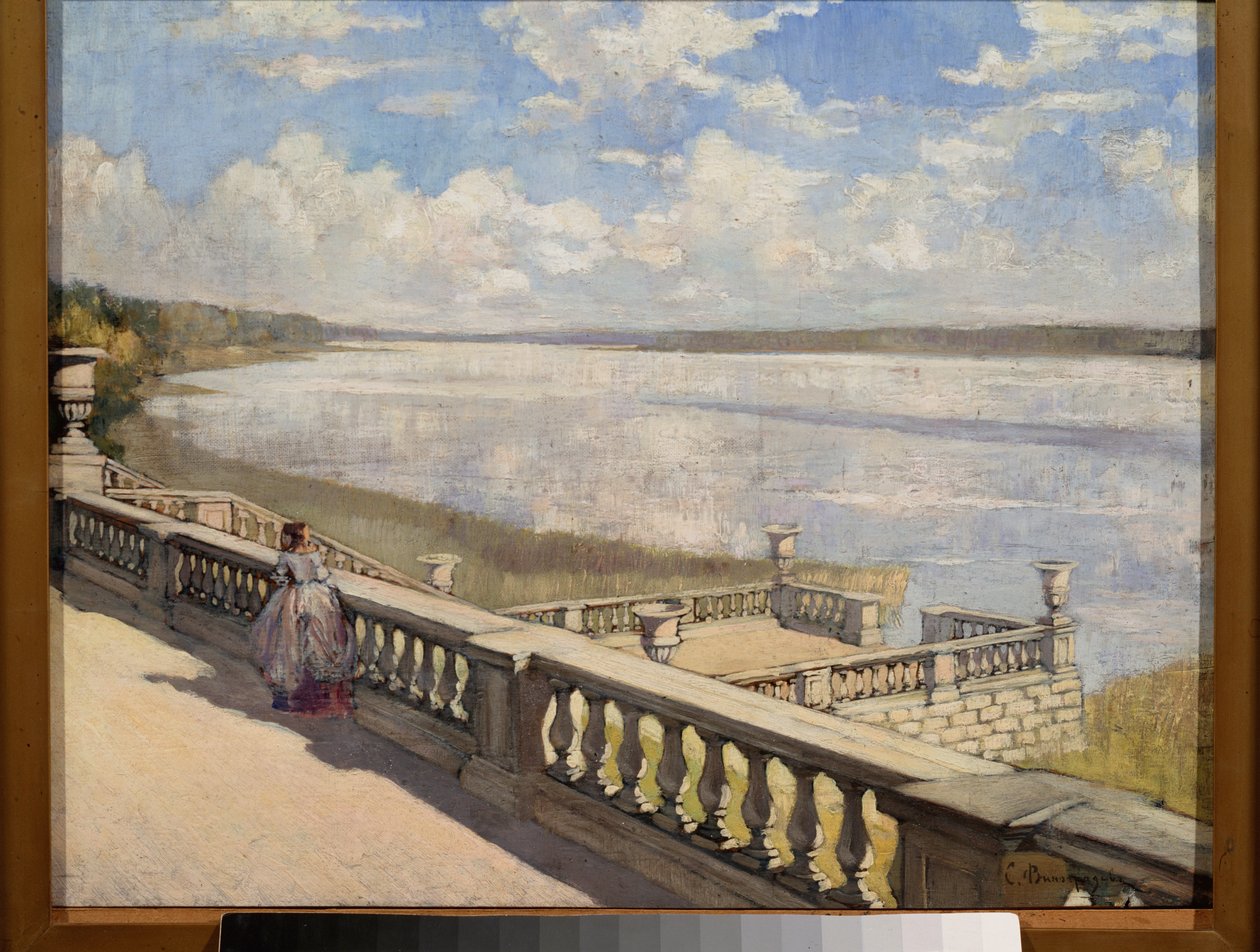 阳光灿烂的日子，栏杆上的女人》（Journee ensoleillee, une femme a la balustrade）--谢尔盖-阿尔谢尼耶维奇-维诺格拉多夫（1869-1938 年）的油画，纸上水彩 作者 谢尔盖·阿塞涅维奇·维诺格拉多夫