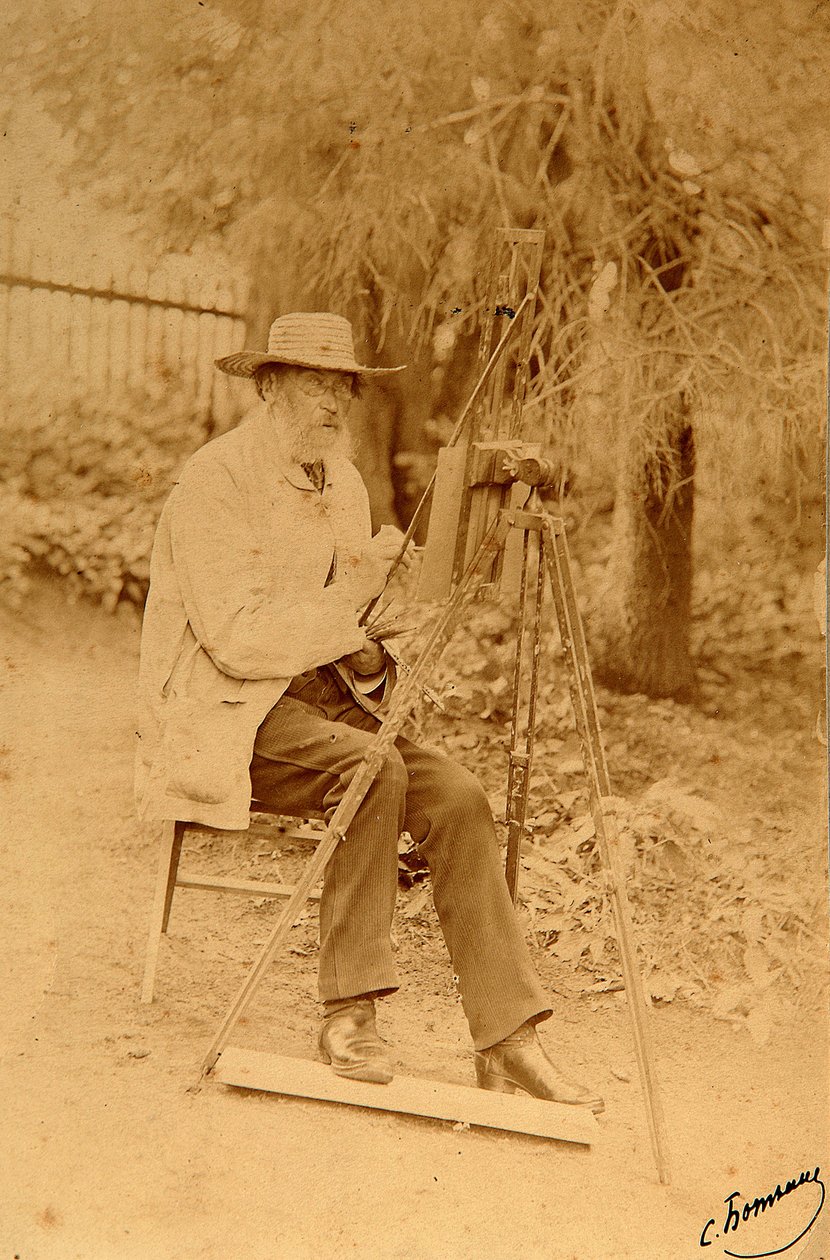 画架上诗人雅科夫·彼得罗维奇·波隆斯基（Iakov Petrovitch Polonski）（1819-1898）的肖像。 白蛋白 照片拍摄者：Sergei Dmitrievich Botkin (1869-1945) 作者 谢尔盖·德米特里耶维奇·博特金