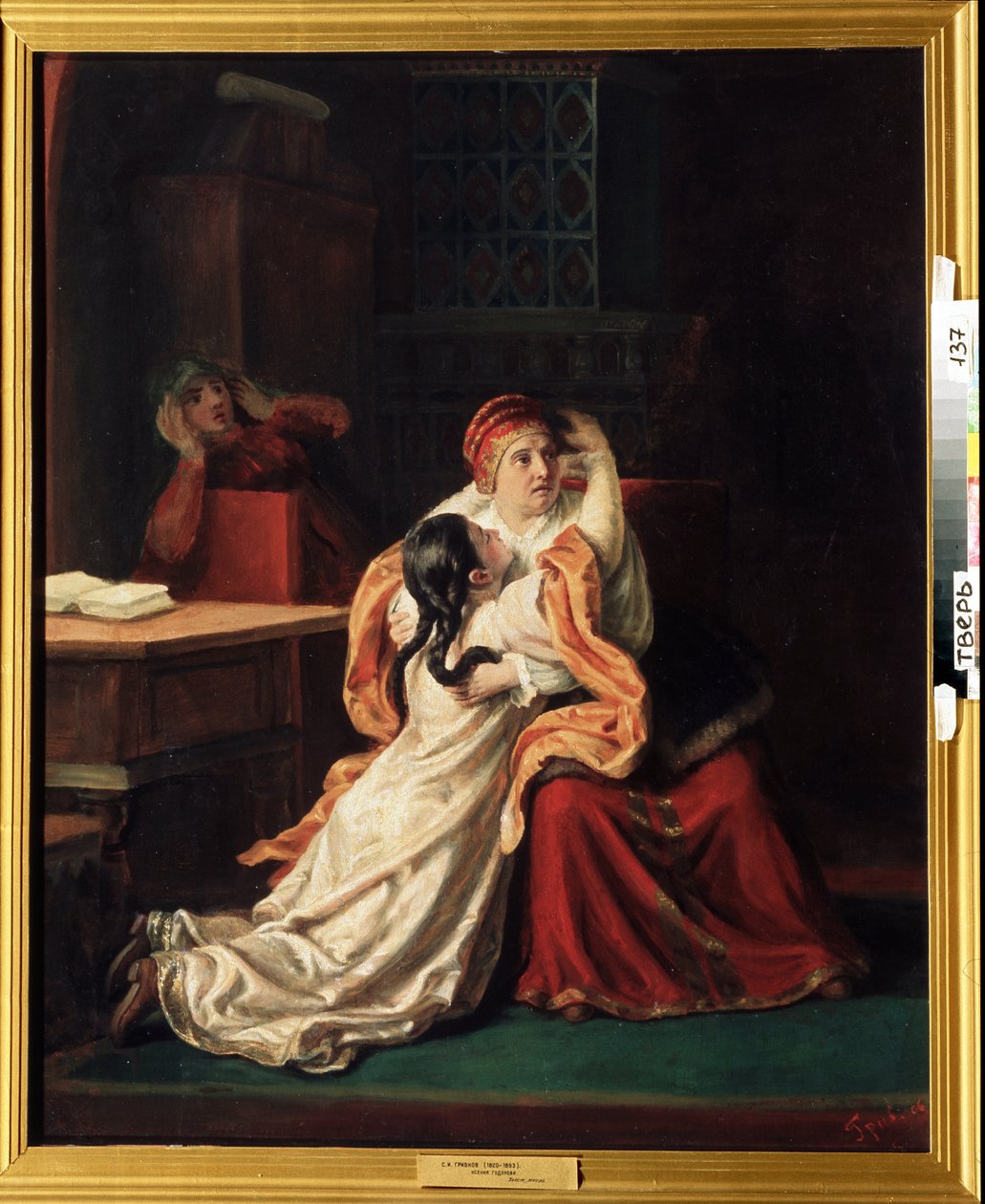 女皇克谢尼娅-戈杜诺娃（1581-1622 年）（Tsarevna Kseniya Godunova）。受惊的孩子冲向别人的怀抱。谢尔盖-伊万诺维奇-格里布科夫（1820-1893 年）的画作，布面油画，19 世纪俄罗斯艺术。特维尔地区艺术画廊（俄罗斯） 作者 谢尔盖·伊万诺维奇·格里科夫