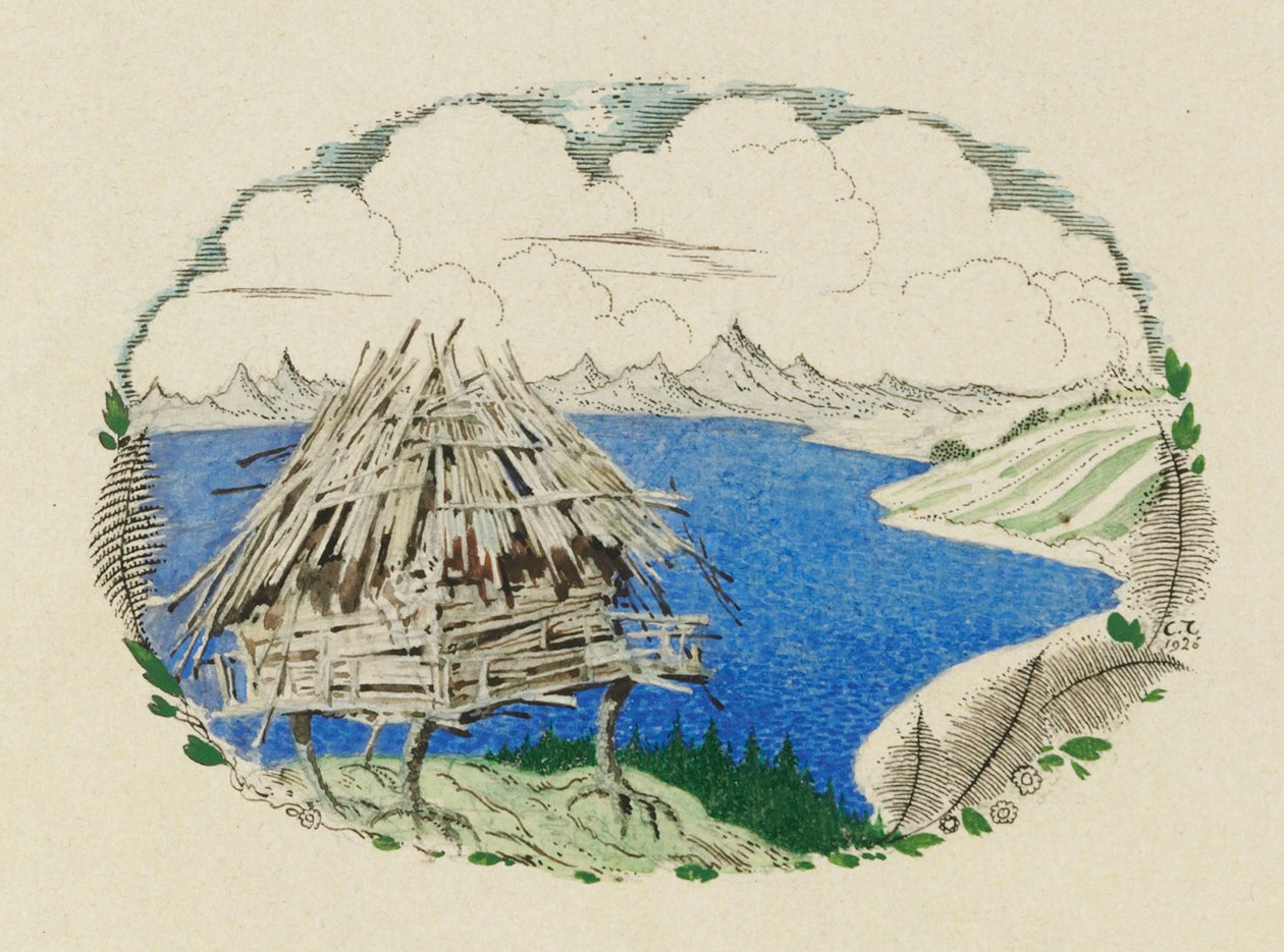 鸡腿上的小屋。普希金（A. Pushkin），1921-1926年为鲁斯兰（Ruslan）和柳德米拉（Lyudmila）诗作插图。 作者 谢尔盖·瓦西列维奇·契kh宁