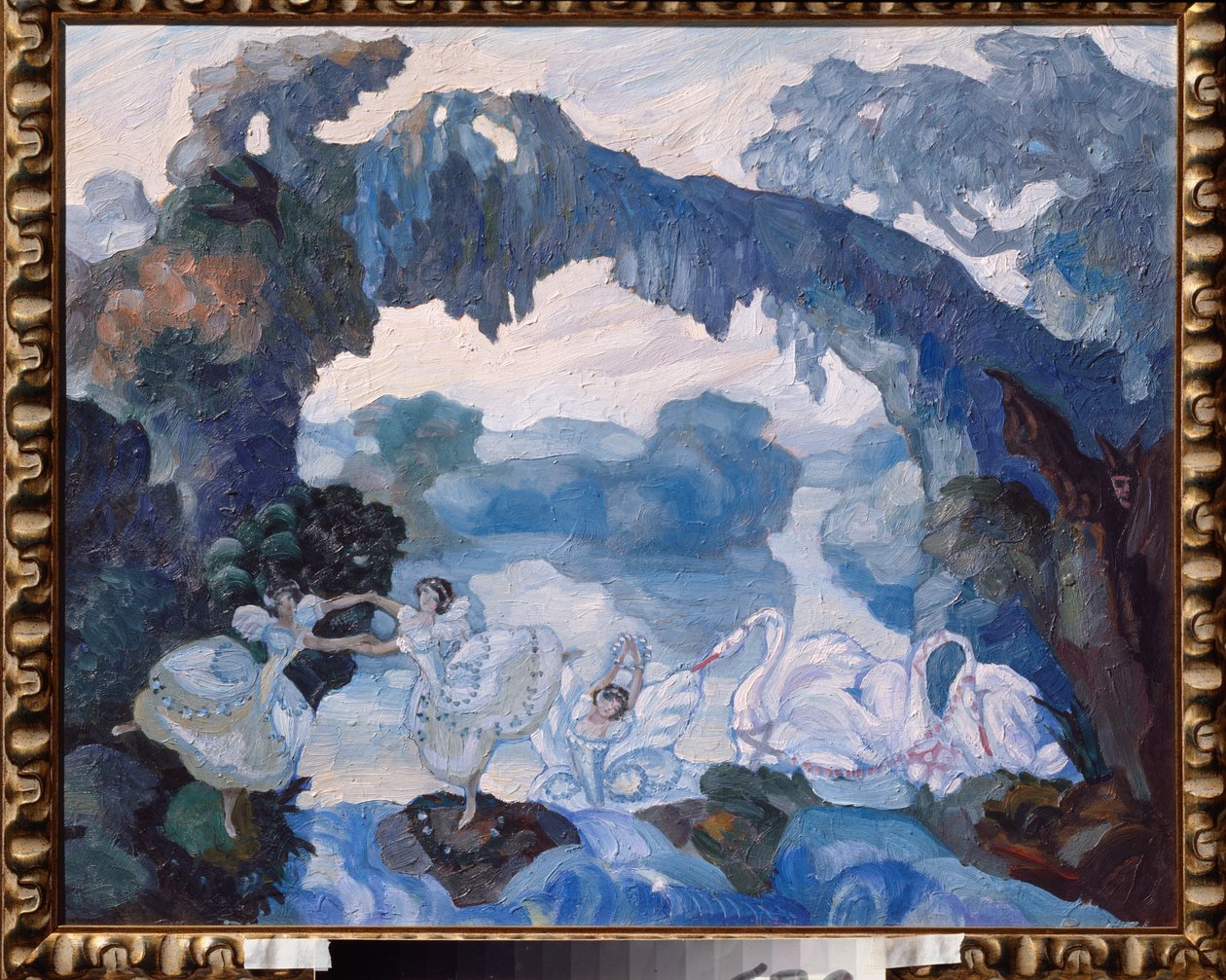 Piotr Tchaikovski（1840-1893 年）芭蕾舞剧《天鹅湖》的准备装饰（柴可夫斯基芭蕾舞剧《天鹅湖》的舞台设计）--Sergei Sudeykin（谢尔盖-苏代金）（1882-1946 年）的作品，纸板油画 作者 谢尔盖·尤列维奇·苏戴金