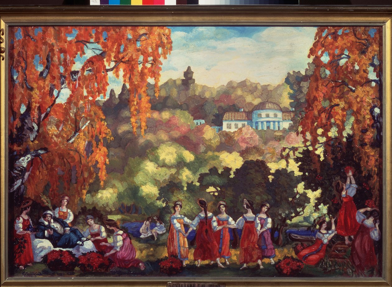 夏末 - 谢尔盖·尤里耶维奇·苏德金 (Serge Soudeikine) (1882-1946) 的作品，纸板油画 作者 谢尔盖·尤列维奇·苏戴金